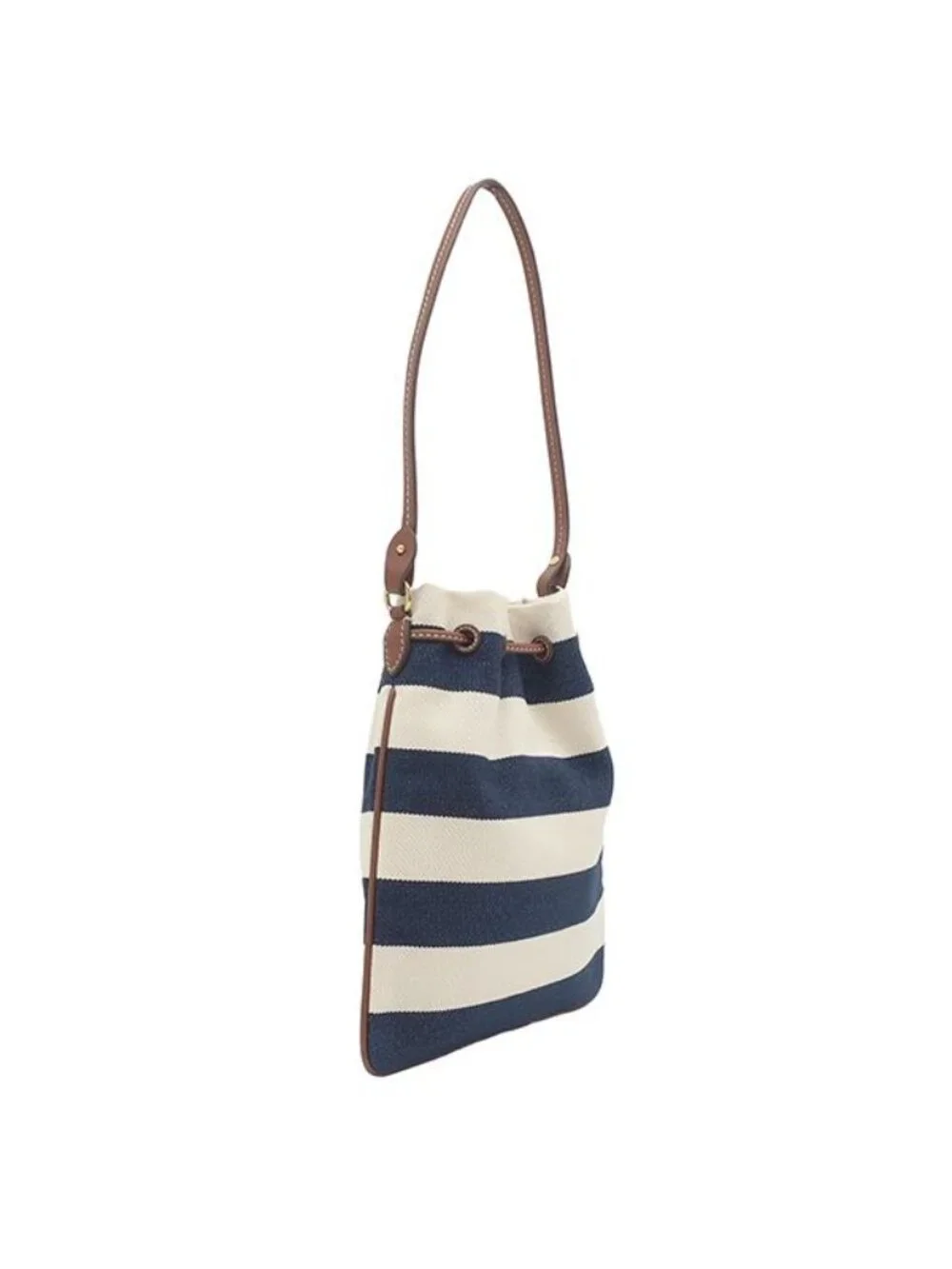 Miu Miu Handbag Drawstring Pouch Canvas Leather Navy Natural Gold Striped